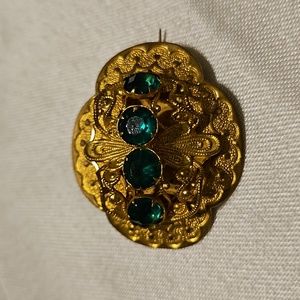 1960s Renaissance Revival Brooch Green Rhinestone Die Cut Brass